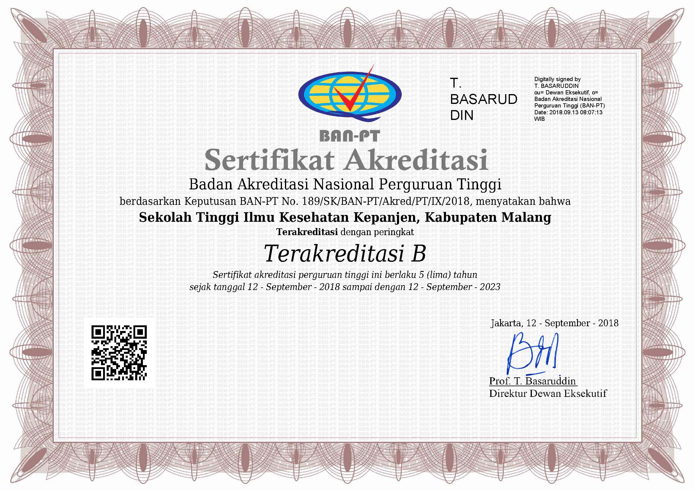 Sertifikat Akreditasi Perguruan Tinggi STIKes Kepanjen Malang